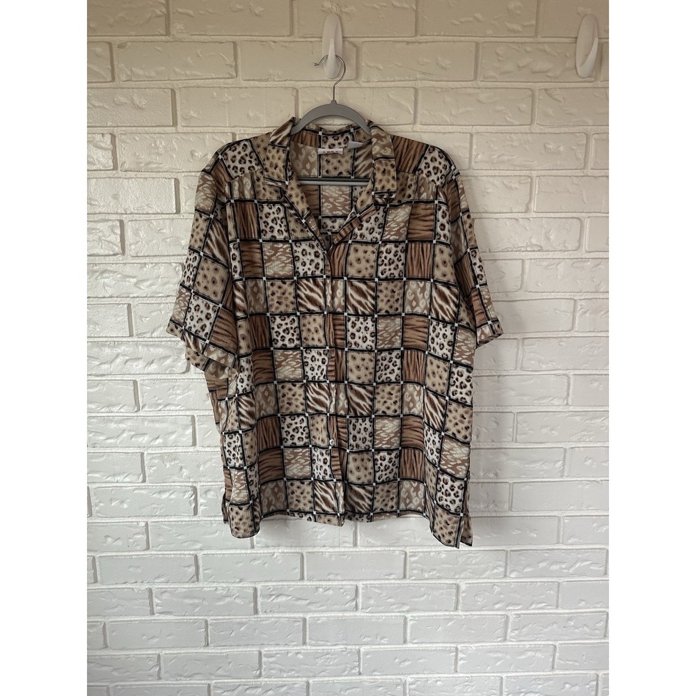 Alia Women's 18W Animal Patchwork Blouse | Vintage Safari Print Button-Up Top